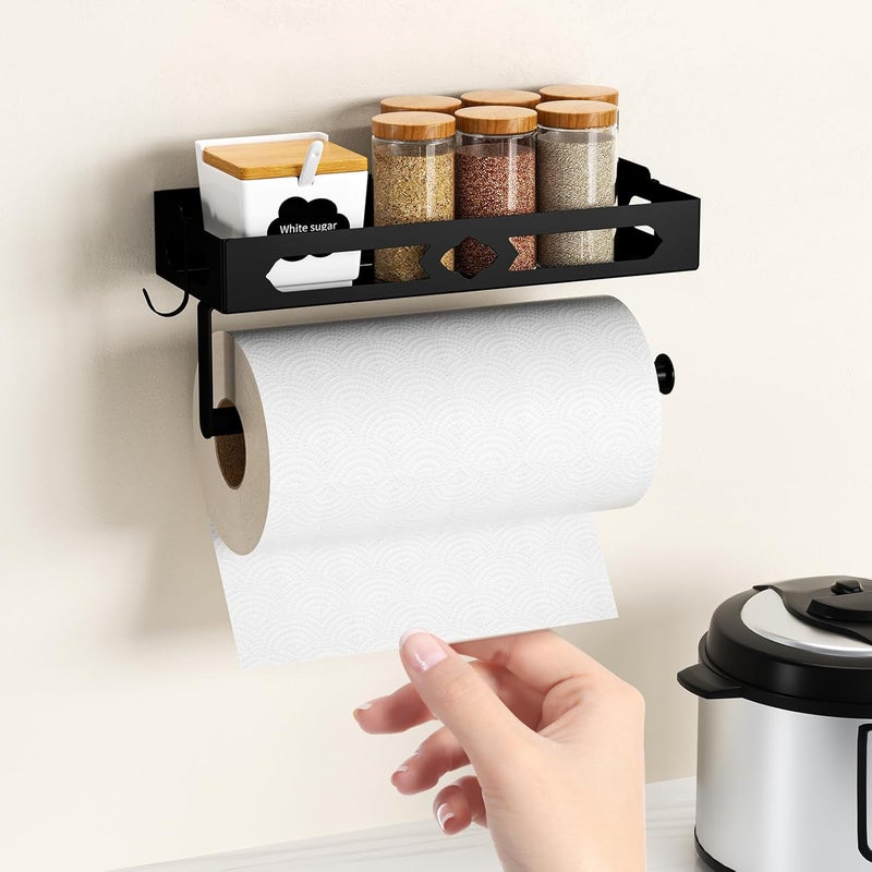 GAGUIUP Paper Towel Holder Wall Mount for Kitchen, Easy One-handed Operation Design, Self Adhesive Paper Towel Holder with Shelf for Bathroom, RV Paper Towel Rack Paper Roll Holder with 2 Hooks, Black - Image 2